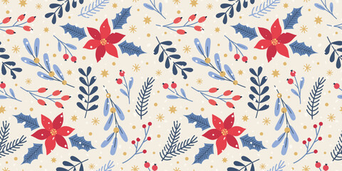 Sticker - Christmas and Happy New Year seamless pattern. Hand drawn Christmas tree, snowflakes, flowers, berries. New Year symbols. Holiday winter background.