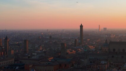 Wall Mural - Aerial 4k footage of historical center of the city of bologna italy taken at sunrise in low light two towers maggiore square san petrinio basilica