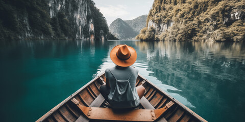 Wall Mural - Young man in hat in a boat in Thailand 