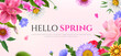 Realistic floral horizontal banner template with colorful blossom flowers on pink