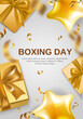 Realistic gift vertical banner template for boxing day sale with golden gift boxes and balloons