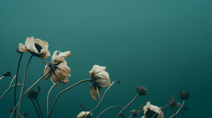 Wall Mural - Withered floral background, dark withered and dry flowers on blue green soft background with copy space, nostalgic, melancholy mood