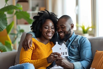 Wall Mural - relations and people concept - happy african american couple sitting on sofa at home holding a paper home