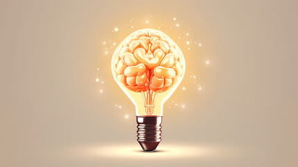 Fototapete - Creative idea of brain inside light bulb with idea or brainstorming concept on beige background