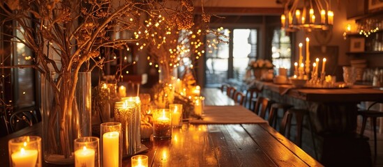 Wall Mural - Home adorned with holiday candles and festive tree branches.