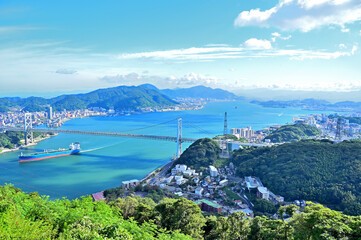 Superb view of the Kanmon straits and Kanmon bridge from Hinoyama park in Shimonoseki city, Yamaguchi prefecture, Japan