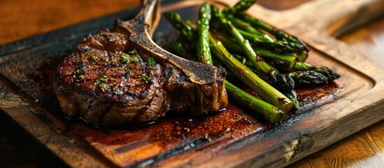 Poster - Grilled Tomahawk steak with asparagus, presented flat.