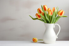 Colorful Tulips In White Vase On The Table