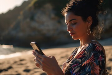 A serene moment as a young woman, surrounded by nature's coastal splendor, is absorbed in her smartphone, the evening light casting a soft glow on her focused expression.