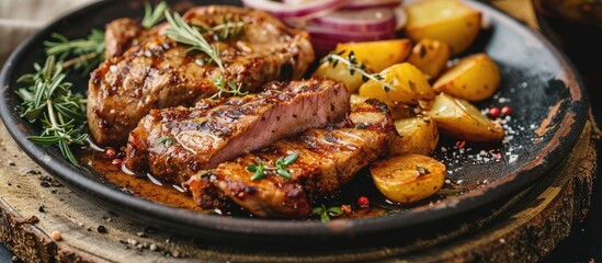 Poster - Spiced pork steak with herbs, fried fillet, potato wedges, marinated onion in sauce.