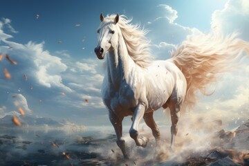 Wall Mural - A white pegasus with luxurious spread wings in flight against a background of blue sky and white clouds. Concept: mythical animal