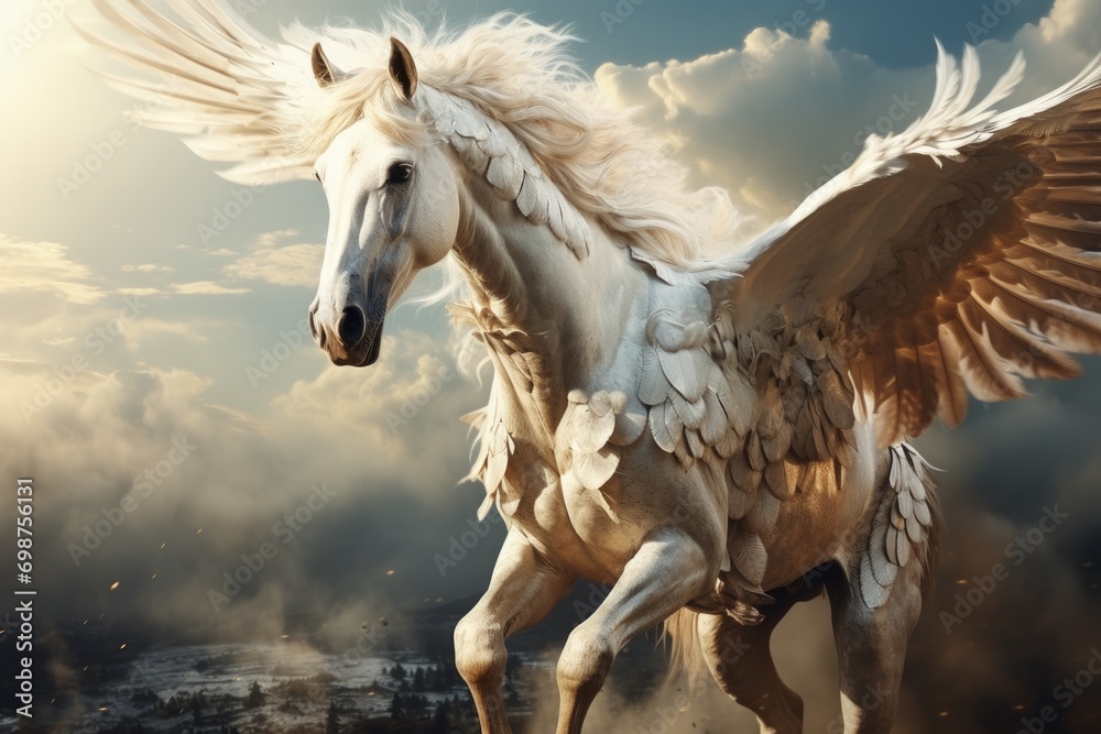 A magical pegasus with snow-white wings soars into the sky against the ...