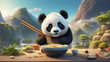 Panda bear holding chopsticks and eating a bowl of ramen noodles