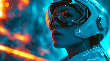 Wall Mural - a woman wearing a helmet and goggles in a futuristic setting with a neon light behind her