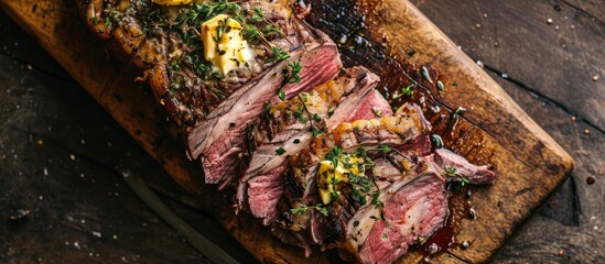 Poster - Top view of roast beef with butter and thyme on a wooden board.