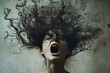 A woman with her hair blowing in the wind. This image can be used to depict freedom, movement, or a carefree spirit.