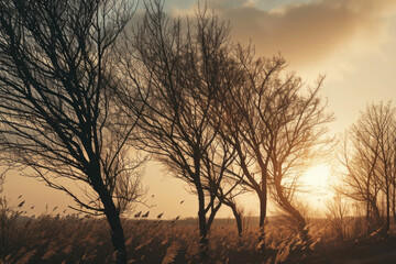 Poster - A beautiful sunset with the sun setting behind the trees in a field. Perfect for nature and landscape themes