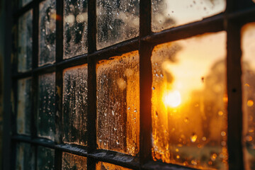 Poster - A captivating image of the sun setting through the window of a building. This picture can be used to depict the beauty of nature and the tranquility of urban landscapes