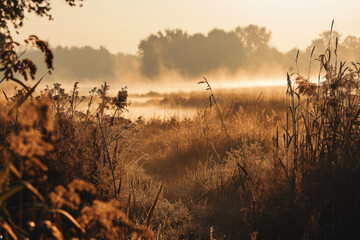 Poster - A misty field with tall grass and trees in the background. Suitable for nature or landscape themes