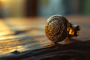 Poster - A close up shot of a ring resting on a wooden surface. Perfect for jewelry stores or wedding-related designs