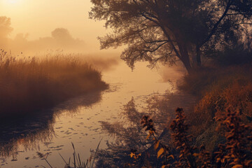 Aufkleber - A beautiful sunset with the sun setting over a foggy river. Perfect for nature and landscape enthusiasts.