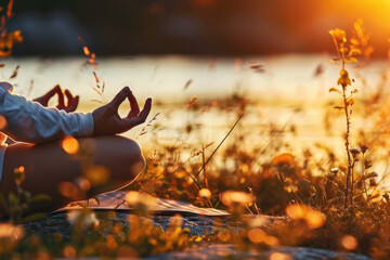 Poster - A person sitting in a field practicing yoga. This image can be used to promote relaxation and mindfulness