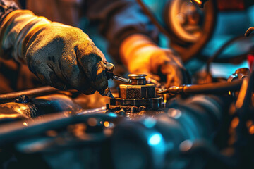 Poster - A close up of a person working on a motorcycle. Ideal for automotive repair or maintenance concepts