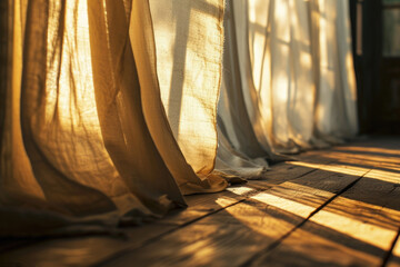 Poster - Sunlight streaming through curtains onto a wooden floor. Perfect for interior design or home improvement projects