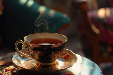 Poster - A cup of tea on a saucer resting on a table. Perfect for illustrating relaxation or a cozy atmosphere