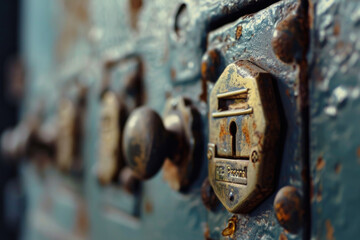 Poster - A detailed close-up of a metal latch on a door. This image can be used to showcase the durability and security of a door or to represent concepts such as protection, access, or privacy
