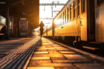 Poster - A person is seen walking towards a train at a train station. This image can be used to depict travel, commuting, transportation, or public transportation