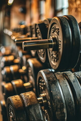 Poster - A close-up view of a row of dumbbells in a gym. Can be used to illustrate fitness, strength training, or workout concepts