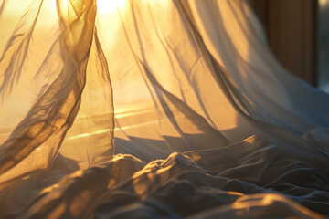 Poster - A bed covered in a white sheet with the sun shining through it. Suitable for home decor or hotel advertising