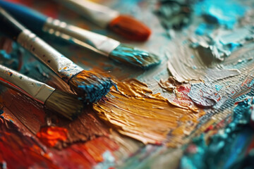 Canvas Print - Close-up view of paint brushes on a palette. Suitable for art and painting concepts