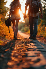 Aufkleber - A picture of two people walking down a path while holding hands. Perfect for illustrating companionship, love, and togetherness. Ideal for use in relationship-themed designs or advertising