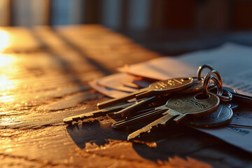 Poster - A bunch of keys sitting on top of a wooden table. Suitable for real estate, home security, and locksmith concepts