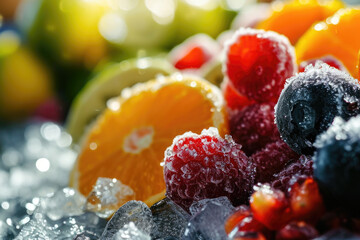 Poster - A pile of frozen fruit sitting on top of a pile of ice. Perfect for refreshing summer recipes and tropical-themed designs