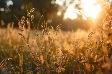 Poster - A beautiful sunset over a field of grass. Perfect for nature and landscape themes