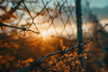 Aufkleber - A captivating image of a barbed wire fence with the sun setting behind it. Perfect for conveying themes of restriction, isolation, and resilience.