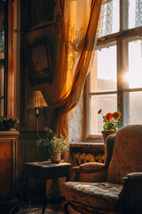 Poster - A cozy living room with a chair and table positioned in front of a window. Perfect for home decor or interior design projects