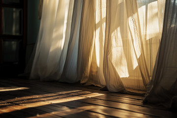 Poster - Sunlight streaming through the curtains in a room. Perfect for adding warmth and natural lighting to any design project