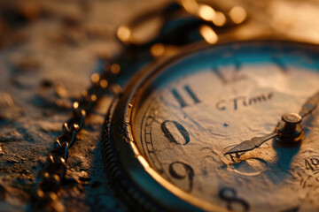 Poster - A detailed close-up of a pocket watch placed on a table. This image can be used to depict concepts such as time management, punctuality, nostalgia, or vintage aesthetics
