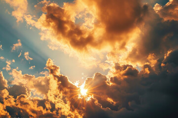 Poster - Sun shining through clouds in the sky. Ideal for nature and weather-related projects