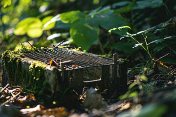 Poster - A piece of metal sitting on top of a tree stump. Suitable for various industrial and rustic themes