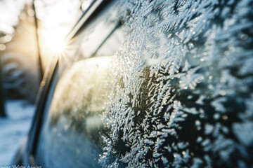 Poster - Close up of a car window covered in frost. Perfect for winter-themed designs or illustrations