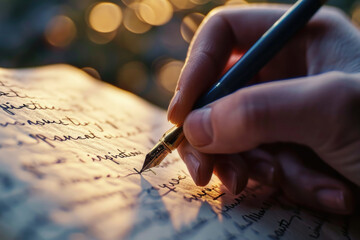 Poster - A person is seen writing on a piece of paper with a pen. This image can be used for various purposes