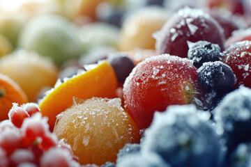 Wall Mural - A detailed view of a pile of frozen fruit. This image can be used to depict a variety of themes such as healthy eating, frozen desserts, smoothies, or food preservation