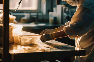 Poster - A person can be seen preparing food on a kitchen table. This image can be used to showcase cooking, food preparation, or meal planning