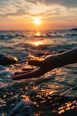 Canvas Print - A person's hand reaching out of the water, symbolizing hope or help. Can be used to depict concepts of rescue, support, or struggle