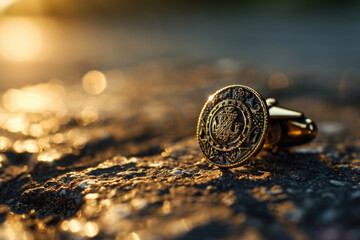Poster - A close-up photograph of a ring resting on a rock. Perfect for jewelry advertisements or wedding-related content